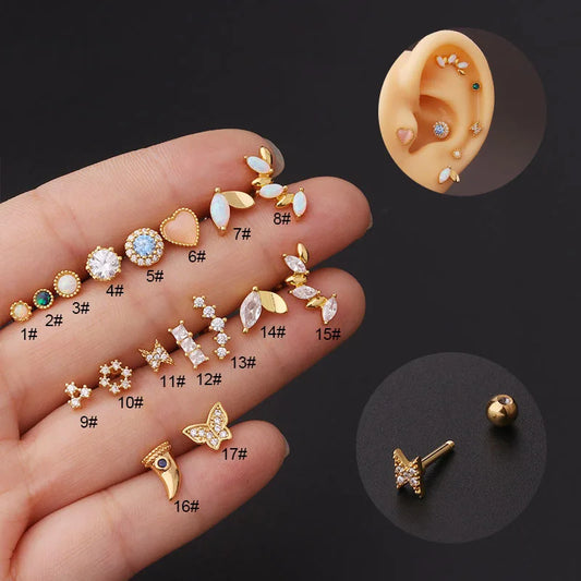 1Piece 16g 1.2mm Titanium Steel Piercing Stud Earrings for Women Fashion Zircon Opal Cartilage Earrings Helix Piercing Jewelry